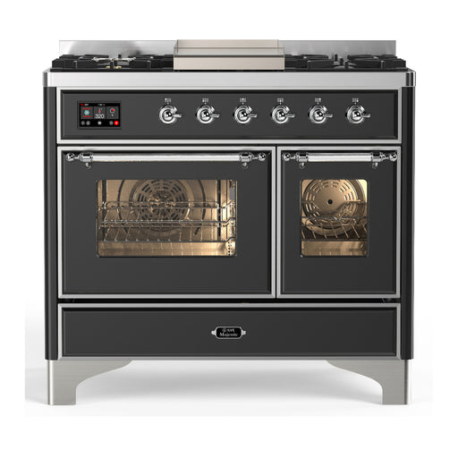 ILVE 40 Inch Majestic III Matte Graphite Dual Fuel Range with 6 Black Brass Burners, Griddle and Dual Function Burner up to 25,000 BTU in Triple Glass Door Chrome
