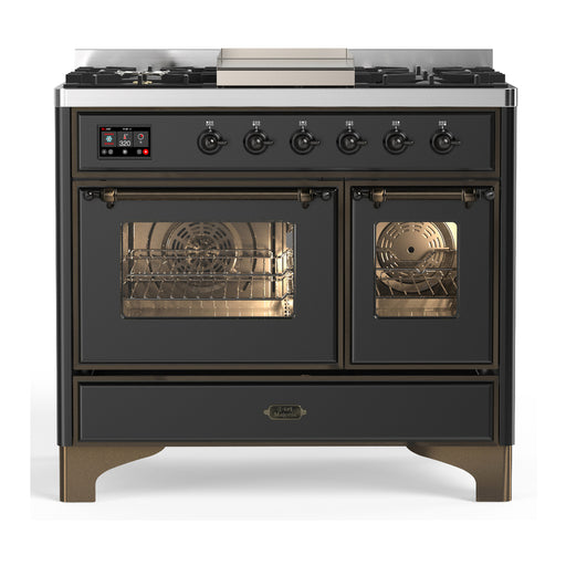 ILVE 40 Inch Majestic III Matte Graphite Dual Fuel Range with 6 Black Brass Burners, Griddle and Dual Function Burner up to 25,000 BTU in Triple Glass Door Burnished
