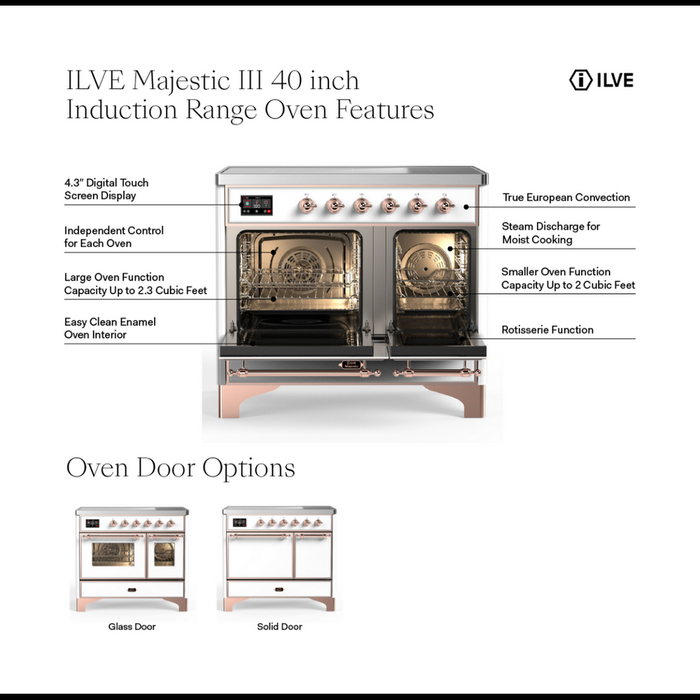 ILVE 40 Inch Majestic III Matte Graphite Induction with 6 Elements and 3.82 Cu. Ft. Oven Capacity in Solid Door Features