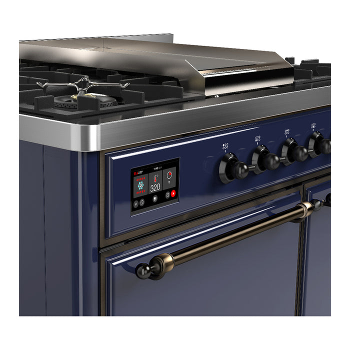 ILVE 40 Inch Majestic III Midnight Blue Dual Fuel Range with 6 Black Brass Burners, Griddle and Dual Function Burner up to 25,000 BTU in Solid Door Side