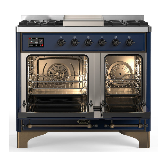 ILVE 40 Inch Majestic III Midnight Blue Dual Fuel Range with 6 Black Brass Burners, Griddle and Dual Function Burner up to 25,000 BTU in Solid Door Open