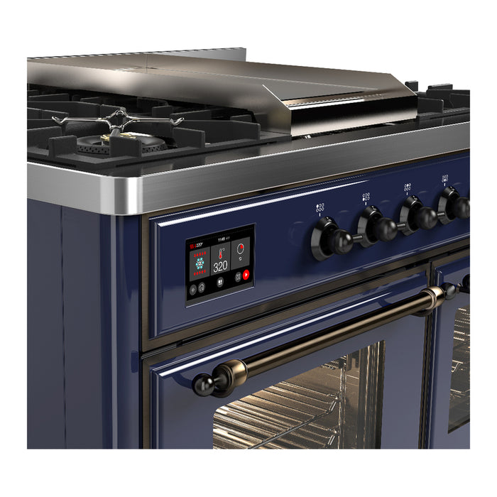 ILVE 40 Inch Majestic III Midnight Blue Dual Fuel Range with 6 Black Brass Burners, Griddle and Dual Function Burner up to 25,000 BTU in Triple Glass Door Side