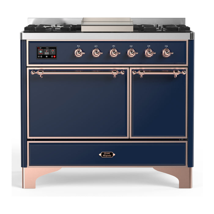 ILVE 40 Inch Majestic III Midnight Blue Dual Fuel Range with 6 Black Brass Burners, Griddle and Dual Function Burner up to 25,000 BTU in Solid Door Copper
