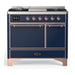 ILVE 40 Inch Majestic III Midnight Blue Dual Fuel Range with 6 Black Brass Burners, Griddle and Dual Function Burner up to 25,000 BTU in Solid Door Copper