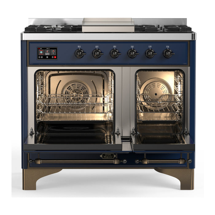 ILVE 40 Inch Majestic III Midnight Blue Dual Fuel Range with 6 Black Brass Burners, Griddle and Dual Function Burner up to 25,000 BTU in Triple Glass Door Open