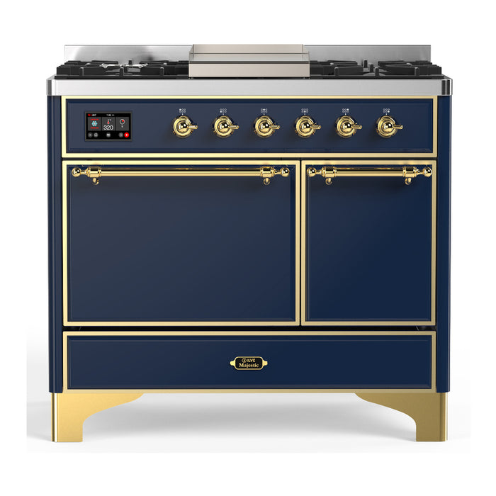 ILVE 40 Inch Majestic III Midnight Blue Dual Fuel Range with 6 Black Brass Burners, Griddle and Dual Function Burner up to 25,000 BTU in Solid Door Brass
