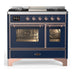 ILVE 40 Inch Majestic III Midnight Blue Dual Fuel Range with 6 Black Brass Burners, Griddle and Dual Function Burner up to 25,000 BTU in Triple Glass Door Copper