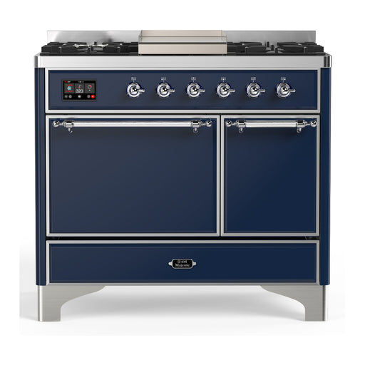 ILVE 40 Inch Majestic III Midnight Blue Dual Fuel Range with 6 Black Brass Burners, Griddle and Dual Function Burner up to 25,000 BTU in Solid Door Chrome