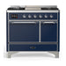 ILVE 40 Inch Majestic III Midnight Blue Dual Fuel Range with 6 Black Brass Burners, Griddle and Dual Function Burner up to 25,000 BTU in Solid Door Chrome