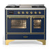ILVE 40 Inch Majestic III Midnight Blue Dual Fuel Range with 6 Black Brass Burners, Griddle and Dual Function Burner up to 25,000 BTU in Triple Glass Door Brass