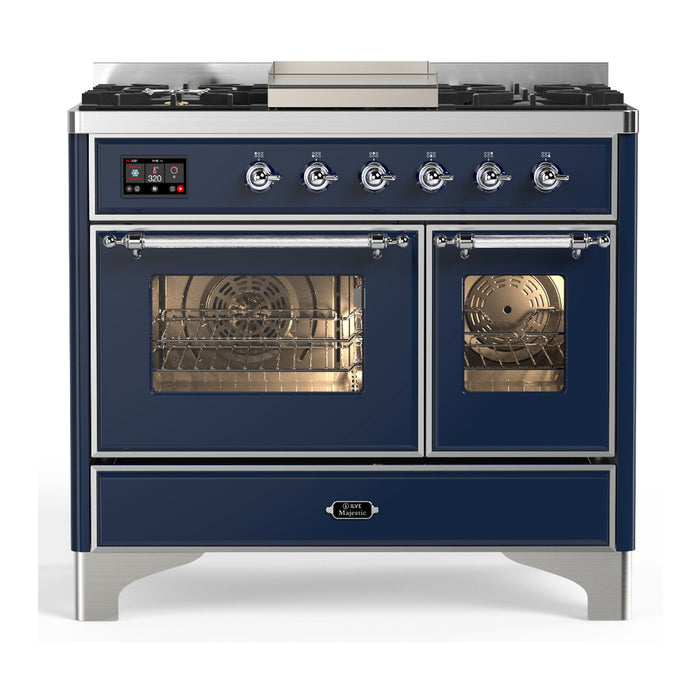 ILVE 40 Inch Majestic III Midnight Blue Dual Fuel Range with 6 Black Brass Burners, Griddle and Dual Function Burner up to 25,000 BTU in Triple Glass Door Chrome