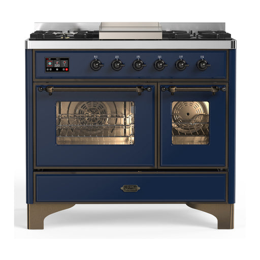ILVE 40 Inch Majestic III Midnight Blue Dual Fuel Range with 6 Black Brass Burners, Griddle and Dual Function Burner up to 25,000 BTU in Triple Glass Door Burnished