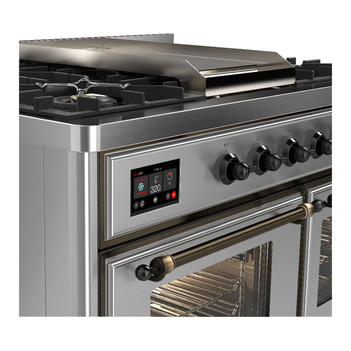 ILVE 40 Inch Majestic III Stainless Steel Dual Fuel Range with 6 Black Brass Burners, Griddle and Dual Function Burner up to 25,000 BTU in Triple Glass Door Side