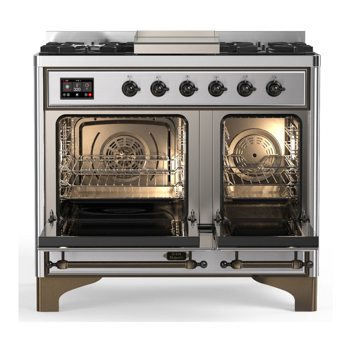 ILVE 40 Inch Majestic III Stainless Steel Dual Fuel Range with 6 Black Brass Burners, Griddle and Dual Function Burner up to 25,000 BTU in Triple Glass Door Open