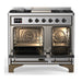 ILVE 40 Inch Majestic III Stainless Steel Dual Fuel Range with 6 Black Brass Burners, Griddle and Dual Function Burner up to 25,000 BTU in Triple Glass Door Open