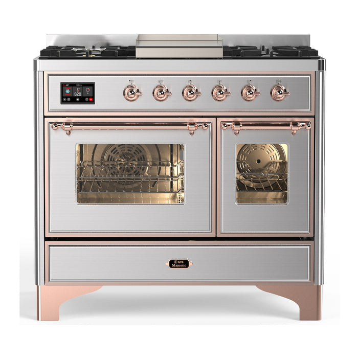 ILVE 40 Inch Majestic III Stainless Steel Dual Fuel Range with 6 Black Brass Burners, Griddle and Dual Function Burner up to 25,000 BTU in Triple Glass Door Copper
