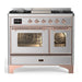 ILVE 40 Inch Majestic III Stainless Steel Dual Fuel Range with 6 Black Brass Burners, Griddle and Dual Function Burner up to 25,000 BTU in Triple Glass Door Copper
