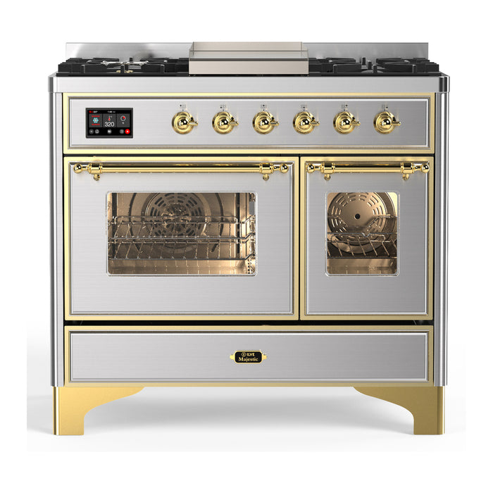 ILVE 40 Inch Majestic III Stainless Steel Dual Fuel Range with 6 Black Brass Burners, Griddle and Dual Function Burner up to 25,000 BTU in Triple Glass Door Brass
