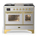 ILVE 40 Inch Majestic III Stainless Steel Dual Fuel Range with 6 Black Brass Burners, Griddle and Dual Function Burner up to 25,000 BTU in Triple Glass Door Brass