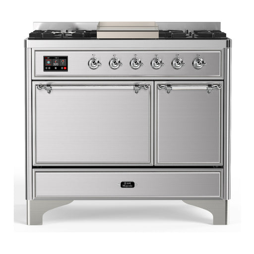 ILVE 40 Inch Majestic III Stainless Steel Dual Fuel Range with 6 Black Brass Burners, Griddle and Dual Function Burner up to 25,000 BTU in Solid Door Chrome