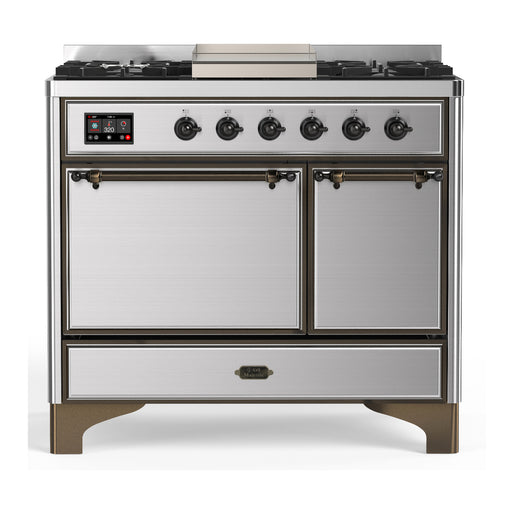 ILVE 40 Inch Majestic III Stainless Steel Dual Fuel Range with 6 Black Brass Burners, Griddle and Dual Function Burner up to 25,000 BTU in Solid Door Burnished