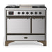 ILVE 40 Inch Majestic III Stainless Steel Dual Fuel Range with 6 Black Brass Burners, Griddle and Dual Function Burner up to 25,000 BTU in Solid Door Burnished