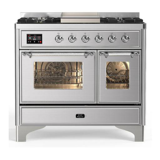 ILVE 40 Inch Majestic III Stainless Steel Dual Fuel Range with 6 Black Brass Burners, Griddle and Dual Function Burner up to 25,000 BTU in Triple Glass Door Chrome