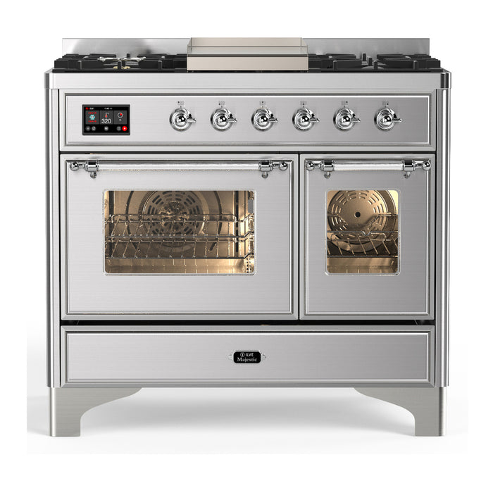ILVE 40 Inch Majestic III Stainless Steel Dual Fuel Range with 6 Black Brass Burners, Griddle and Dual Function Burner up to 25,000 BTU in Triple Glass Door Chrome