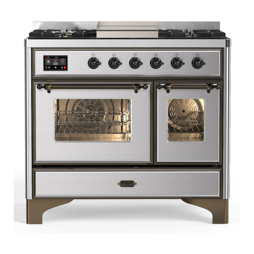 ILVE 40 Inch Majestic III Stainless Steel Dual Fuel Range with 6 Black Brass Burners, Griddle and Dual Function Burner up to 25,000 BTU in Triple Glass Door Burnished