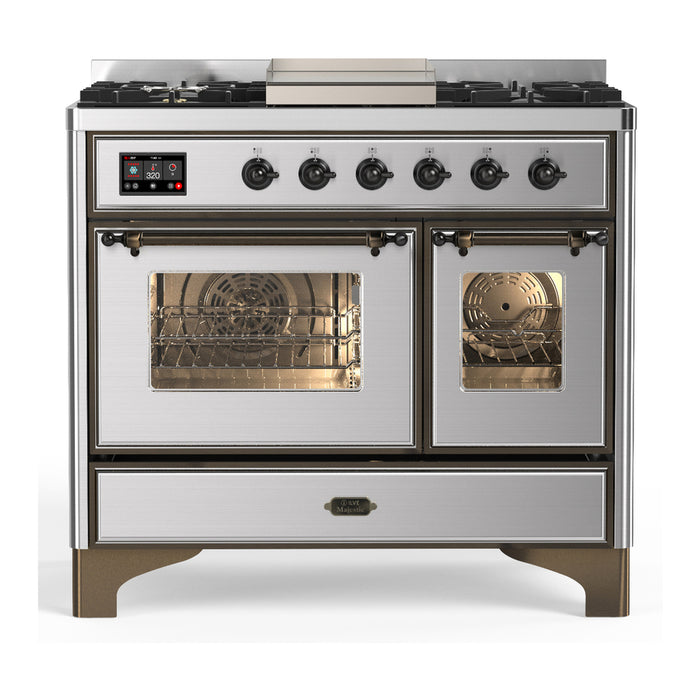 ILVE 40 Inch Majestic III Stainless Steel Dual Fuel Range with 6 Black Brass Burners, Griddle and Dual Function Burner up to 25,000 BTU in Triple Glass Door Burnished
