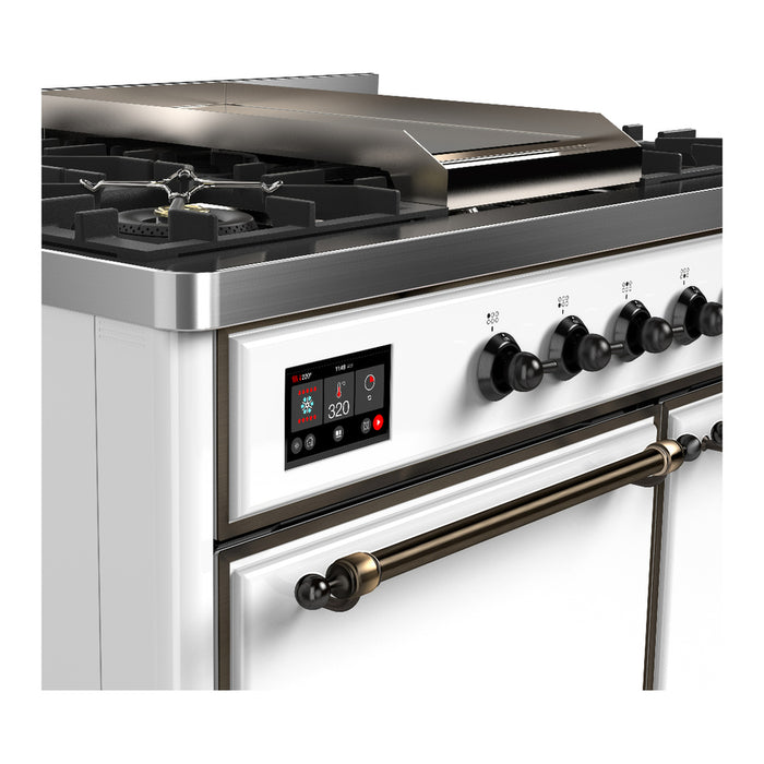 ILVE 40 Inch Majestic III White Dual Fuel Range with 6 Black Brass Burners, Griddle and Dual Function Burner up to 25,000 BTU in Solid Door Side