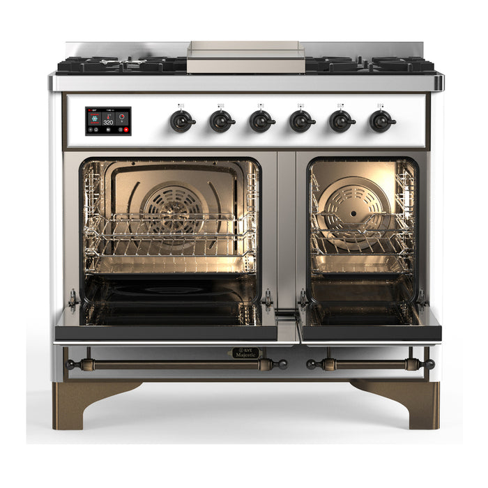 ILVE 40 Inch Majestic III White Dual Fuel Range with 6 Black Brass Burners, Griddle and Dual Function Burner up to 25,000 BTU in Solid Door Open