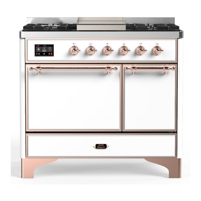 ILVE 40 Inch Majestic III White Dual Fuel Range with 6 Black Brass Burners, Griddle and Dual Function Burner up to 25,000 BTU in Solid Door Copper