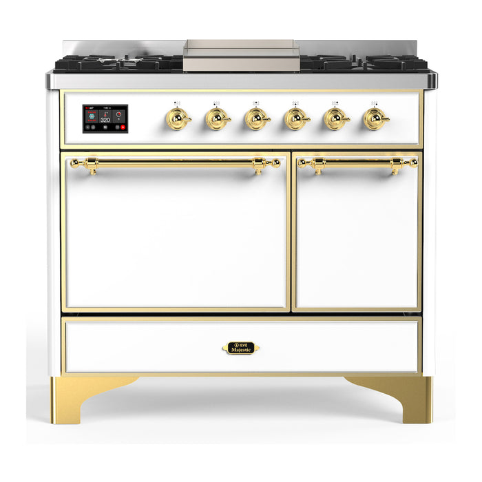 ILVE 40 Inch Majestic III White Dual Fuel Range with 6 Black Brass Burners, Griddle and Dual Function Burner up to 25,000 BTU in Solid Door Brass
