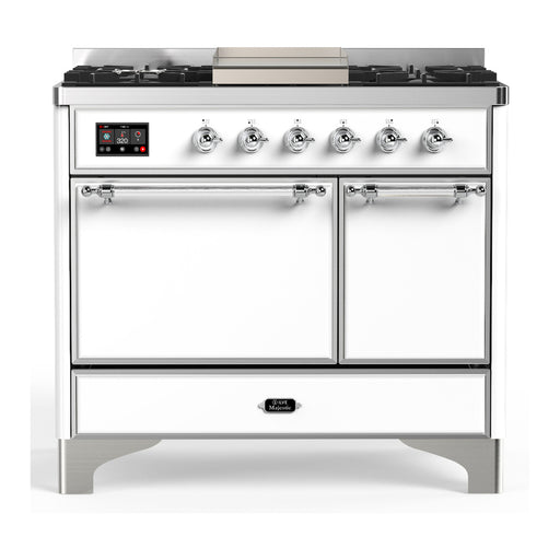 ILVE 40 Inch Majestic III White Dual Fuel Range with 6 Black Brass Burners, Griddle and Dual Function Burner up to 25,000 BTU in Solid Door Chrome