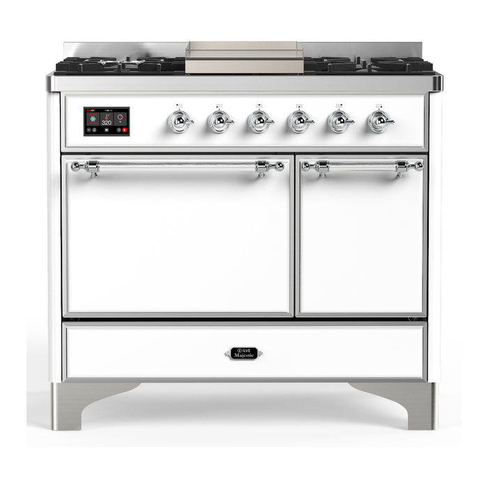 ILVE 40 Inch Majestic III White Dual Fuel Range with 6 Black Brass Burners, Griddle and Dual Function Burner up to 25,000 BTU in Solid Door Chrome