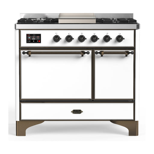 ILVE 40 Inch Majestic III White Dual Fuel Range with 6 Black Brass Burners, Griddle and Dual Function Burner up to 25,000 BTU in Solid Door Burnished