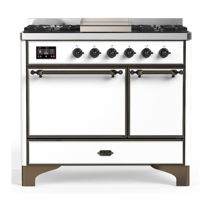 ILVE 40 Inch Majestic III White Dual Fuel Range with 6 Black Brass Burners, Griddle and Dual Function Burner up to 25,000 BTU in Solid Door Burnished
