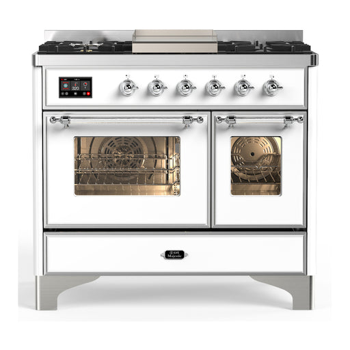 ILVE 40 Inch Majestic III White Dual Fuel Range with 6 Black Brass Burners, Griddle and Dual Function Burner up to 25,000 BTU in Triple Glass Door Chrome