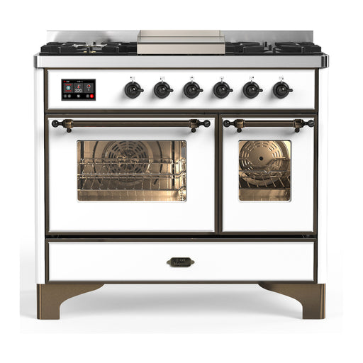 ILVE 40 Inch Majestic III White Dual Fuel Range with 6 Black Brass Burners, Griddle and Dual Function Burner up to 25,000 BTU in Triple Glass Door Burnished