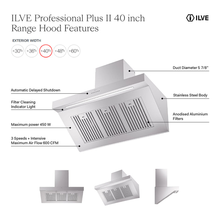 ILVE 40 Inch Professional Plus 600 CFM Wall Mount Range Hood Features