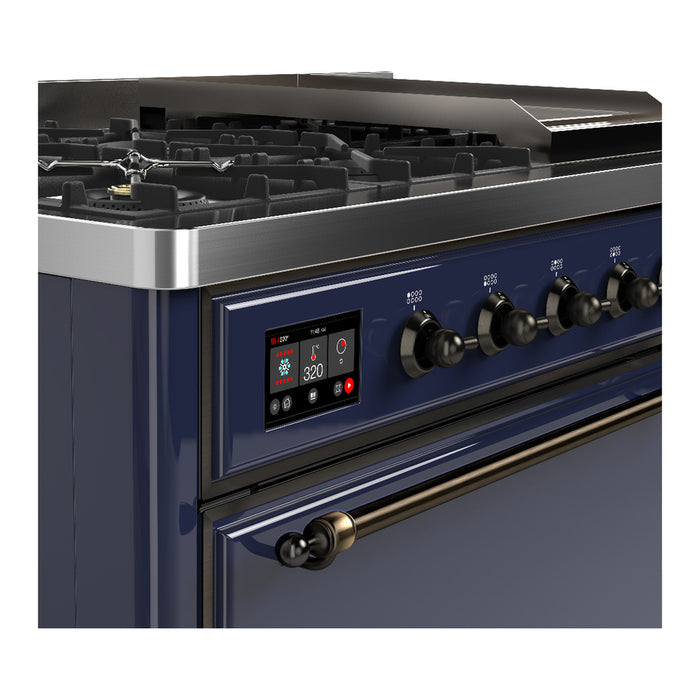 ILVE 48 Inch Majestic III Midnight Blue Dual Fuel Range with 8 Black Brass Burners, Griddle and Dual Function Burner up to 25,000 BTU in Solid Door Side