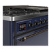 ILVE 48 Inch Majestic III Midnight Blue Dual Fuel Range with 8 Black Brass Burners, Griddle and Dual Function Burner up to 25,000 BTU in Solid Door Side