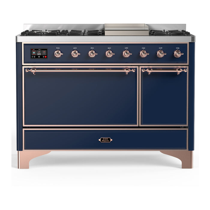 ILVE 48 Inch Majestic III Midnight Blue Dual Fuel Range with 8 Black Brass Burners, Griddle and Dual Function Burner up to 25,000 BTU in Solid Door Copper