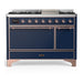 ILVE 48 Inch Majestic III Midnight Blue Dual Fuel Range with 8 Black Brass Burners, Griddle and Dual Function Burner up to 25,000 BTU in Solid Door Copper