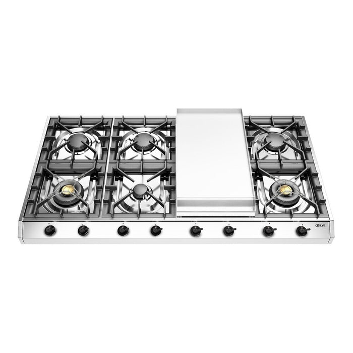 ILVE 48 Inch UHCP1265FNSSB Nostalgie II Built-In Stainless Steel Natural Gas Cooktop with 8 Burners and Griddle in Burnished Trim Front