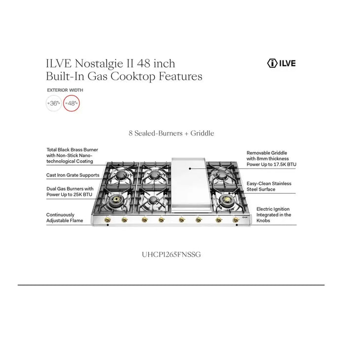 ILVE 48 Inch UHCP1265FNSSCLP Nostalgie II Built-In Stainless Steel Liquid Propane Cooktop with 8 Burners and Griddle in Chrome Trim Features