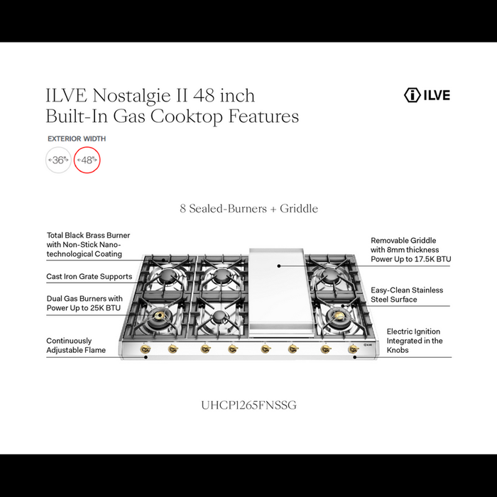 ILVE 48 Inch UHCP1265FNSSG Nostalgie II Built-In Stainless Steel Natural Gas Cooktop with 8 Burners and Griddle in Brass Trim Features