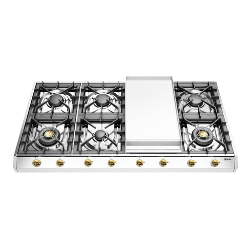 ILVE 48 Inch UHCP1265FNSSGLP Nostalgie II Built-In Stainless Steel Liquid Propane Cooktop with 8 Burners and Griddle in Brass Trim Front
