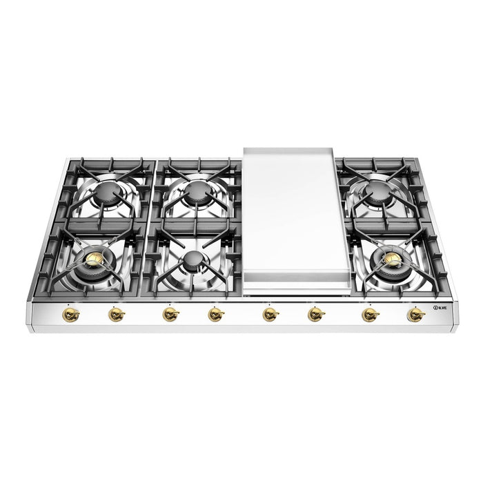 ILVE 48 Inch UHCP1265FNSSGLP Nostalgie II Built-In Stainless Steel Liquid Propane Cooktop with 8 Burners and Griddle in Brass Trim Front